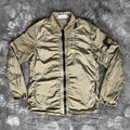 Stone Island khaki overshirt with logo patch and nylon metal cotton blend material.