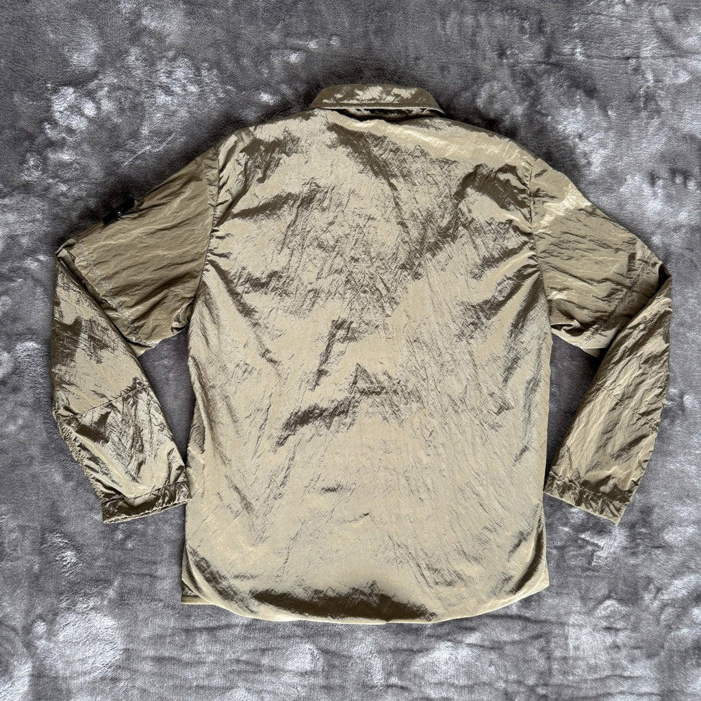 Stone Island khaki overshirt with logo patch and nylon metal cotton blend material.