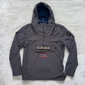Napapijri grey pullover jacket with logo patch and ventilation zips, lightweight anorak design.