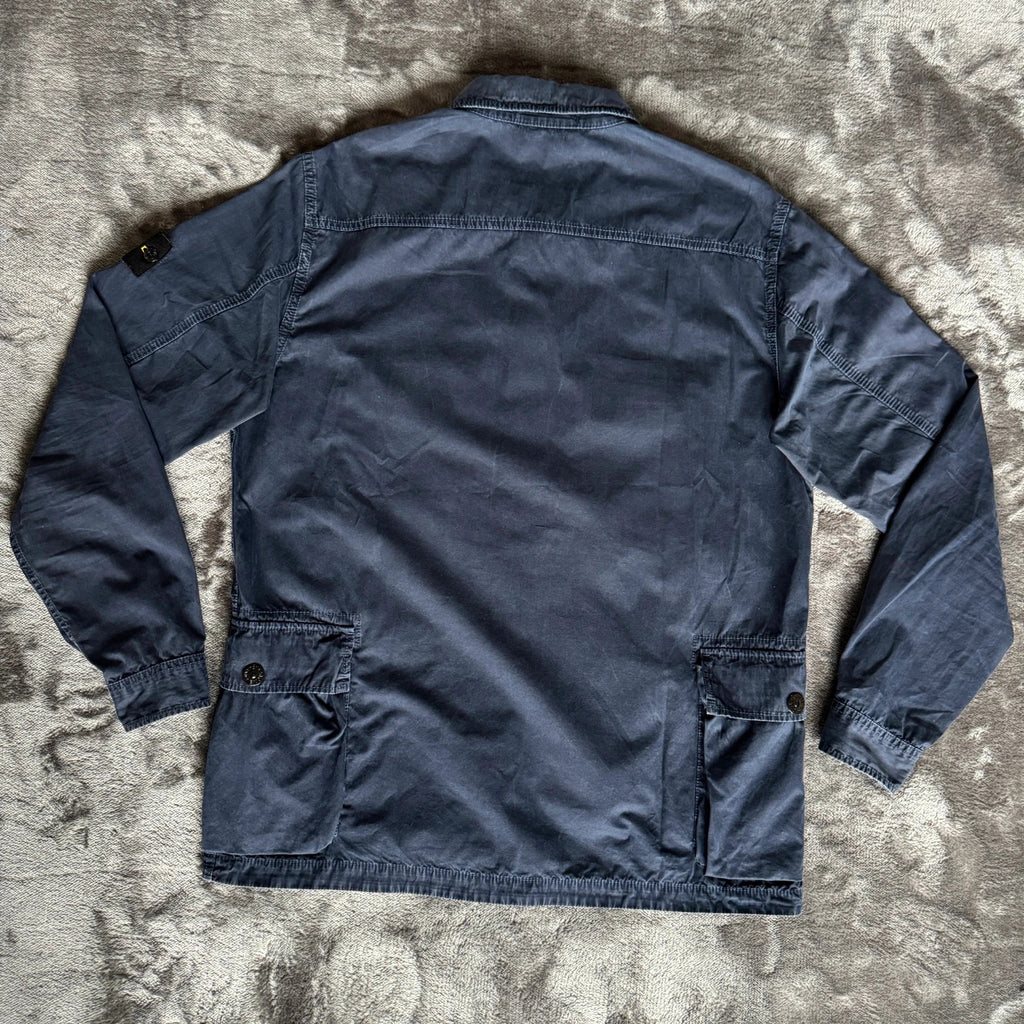 Stone Island navy overshirt with multi pockets and iconic compass logo.