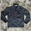 Stone Island navy overshirt featuring iconic compass logo and durable fabric.