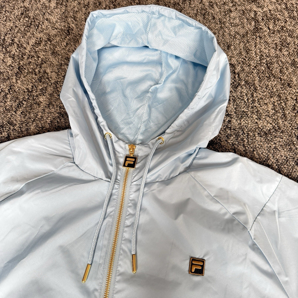 Fila lightweight hooded jacket light sky blue embroidered chest logo gold-tone zip hardware